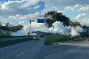 Carreta com nitrogênio tomba e interdita o trânsito na BR-376: vídeo