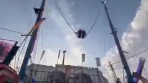 Corda de atração rompe e deixa quatro pessoas suspensas na Espanha; vídeo