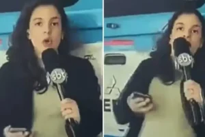 Repórter do SBT é atingida por carro da polícia durante transmissão